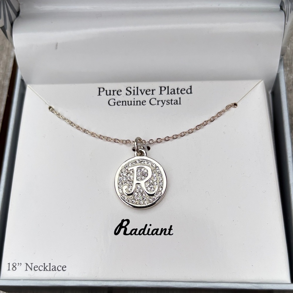 Radiant Silver Necklace with Crystal R Initial Pendant